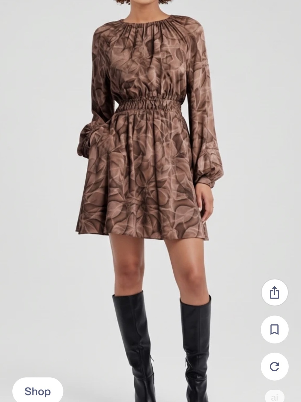 Nordstrom Shirred Waist Long Sleeve Minidress Brown Tan Glowing Leaves